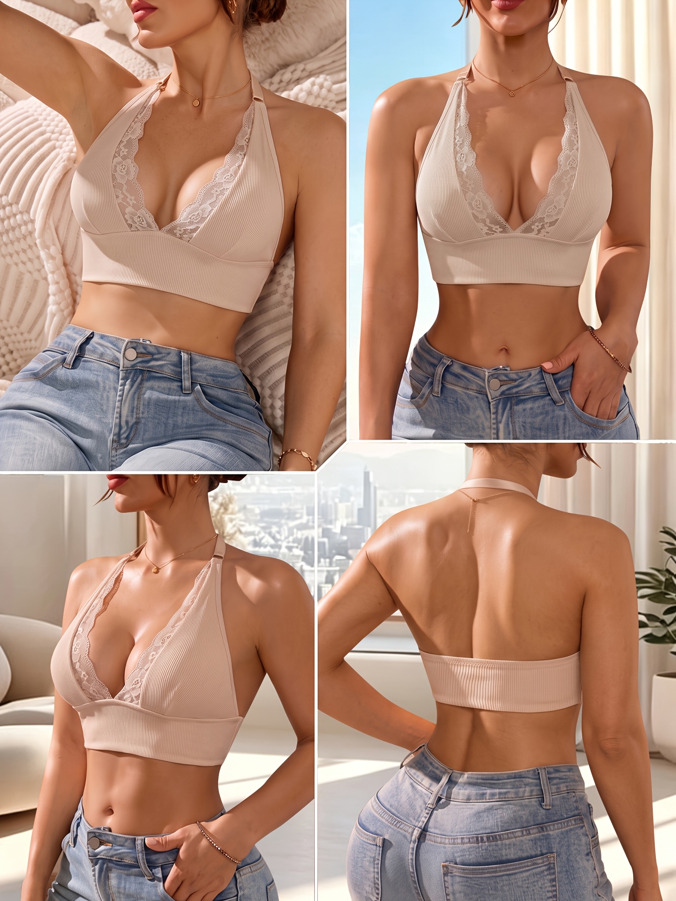 2pcs Women's Lace Vest Bra Set, Halter Neck Design
